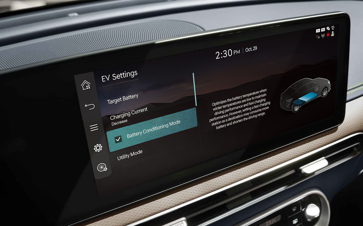 L'écran d'Infotainment affichant le mode de conditionnement de la batterie.